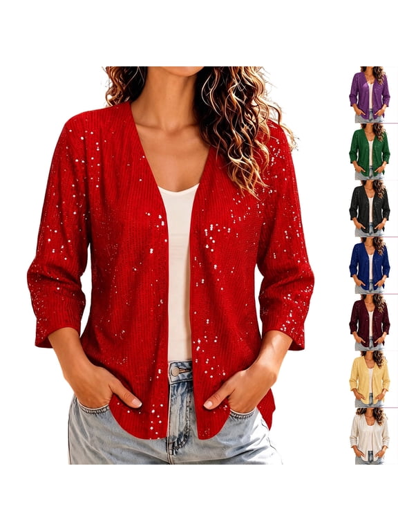 Women's Sparkly Sequin Cardigan Open Front 3/4 Sleeve Knit Glitter Dressy Casual Holiday Party Fall Winter Soft Cozy Night Out Shrug Jacket Yellow