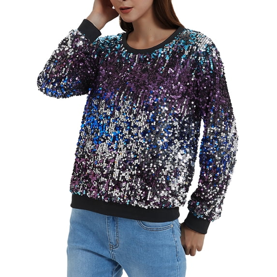 Women's Sparkly Sequin Crewneck Sweatshirt Long Sleeve Pullover Top, Midnight, Medium