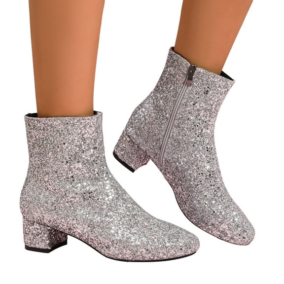 Women's Sparkly Sequin Dress Boots Glitter Leather Chunky Low Heel Mid Calf Short Ankle Booties for Christmas Wedding Party Silver Size 8.5