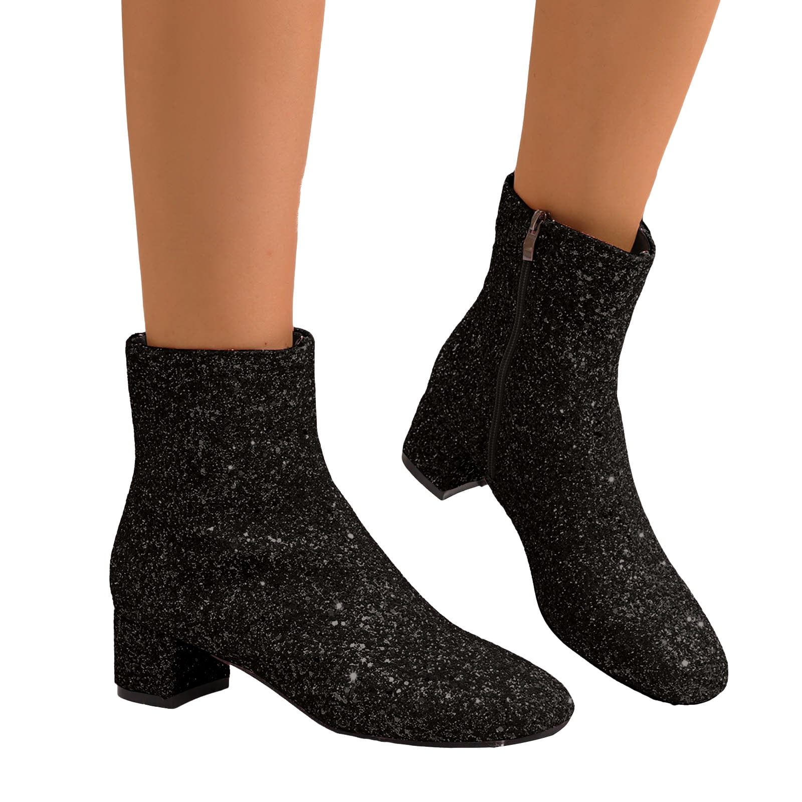 Oyedens Women's Sparkly Sequin Dress Boots Glitter Leather Chunky Low Heel Mid Calf Short Ankle Booties for Christmas Wedding Party Black Size 9