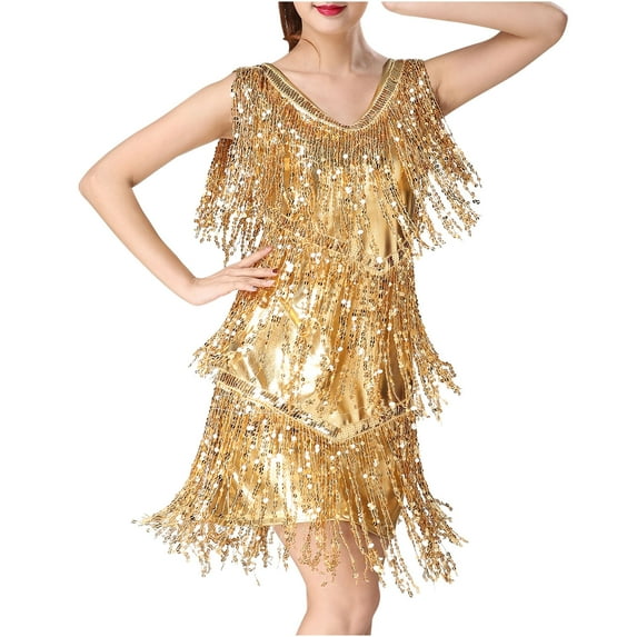 ZQUUVOU Women's Sparkly Sequin Dress Solid Color Make Dress Formal Dresses Gold
