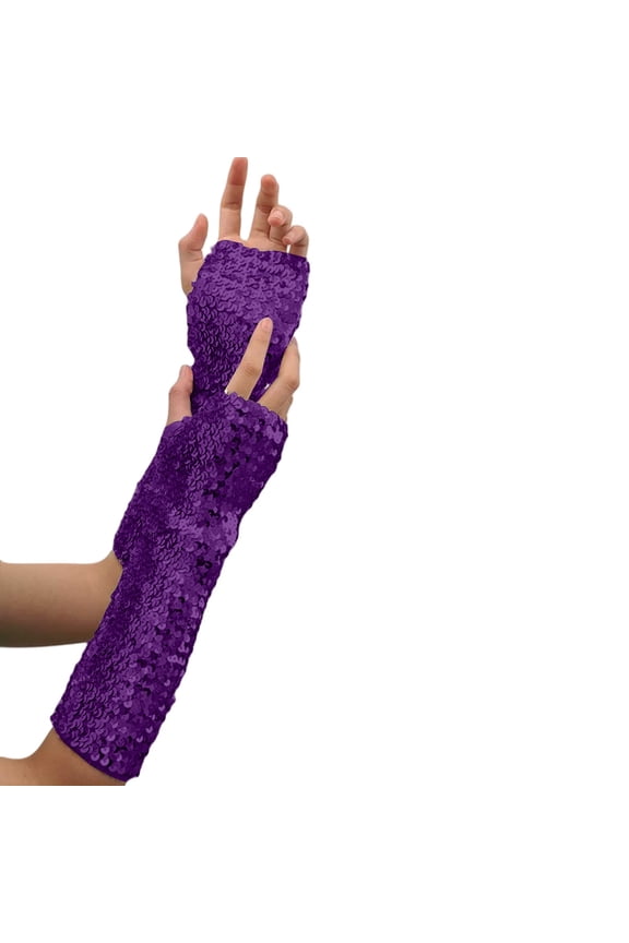 Women's Sparkly Sequin Gloves, Fingerless Long Glove with Elastic Fit for Party Costumes, Glitter Evening Gloves for Concerts and Prom, Stretchy Satin Gloves for Cosplay and Special Events - Purple