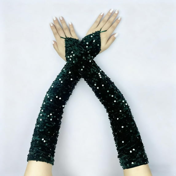 Women's Sparkly Sequin Gloves, Long Velvet Opera Gloves, Full Length Arm Sleeves, Evening Gloves, Wedding Prom Gloves, Sequin Party Gloves, Formal Event Gloves Blackish Green