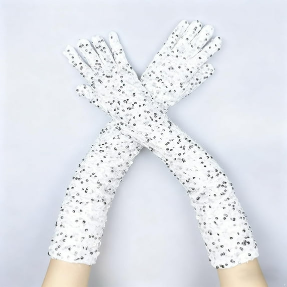 Women's Sparkly Sequin Gloves, Long Velvet Opera Gloves, Full Length Arm Sleeves, Evening Gloves, Wedding Prom Gloves, Sequin Party Gloves, Formal Event Gloves White