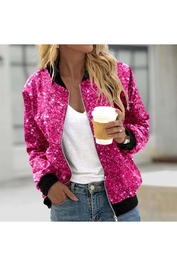 Women's Sparkly Sequin Jacket Glitter Long Sleeves Front Zip Bomber Jacket Color Hot Pink Size S
