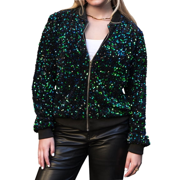 Women's Sparkly Sequin Jacket Glitter Long Sleeves Front Zip Up Bomber Jacket with Ribbed Cuffs, Mermaid, Large