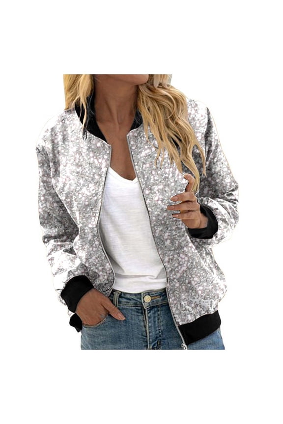 Women's Sparkly Sequin Jacket Long Sleeve Zipper Up Bomber Jacket Color Silver Size XXS