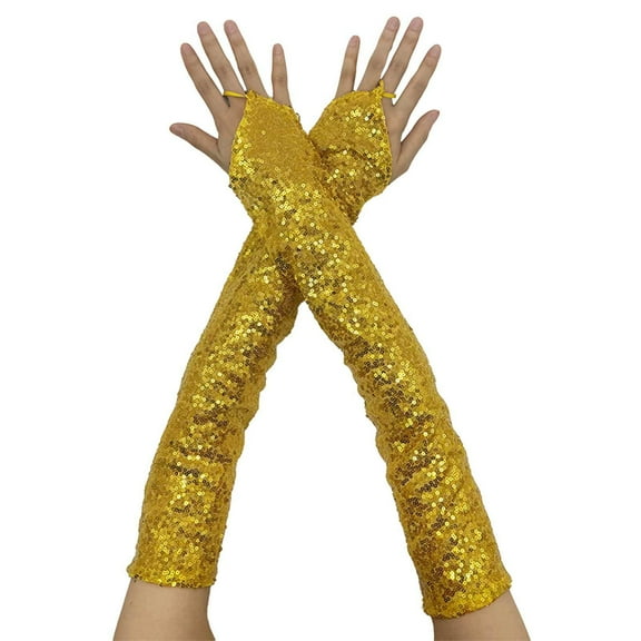 Women's Sparkly Sequin Lace Fingerless Gloves, 20 Inch Long Glitter Gloves for Wedding Party Costume, Carnival Evening Glam Accessories with Gold Shine Gold