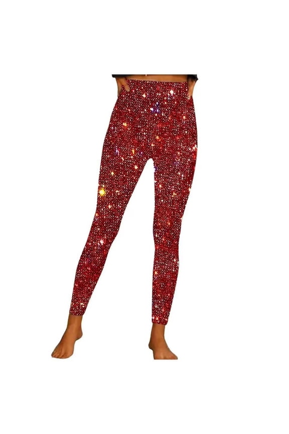 Women's Sparkly Sequin Leggings High Waist Skinny Elastic Slim Fit Pencil Trousers Fashion Party Clubwear Sexy Shiny Bottoms Comfy Pretty Long Bottom Winter New Year Cloth Red S