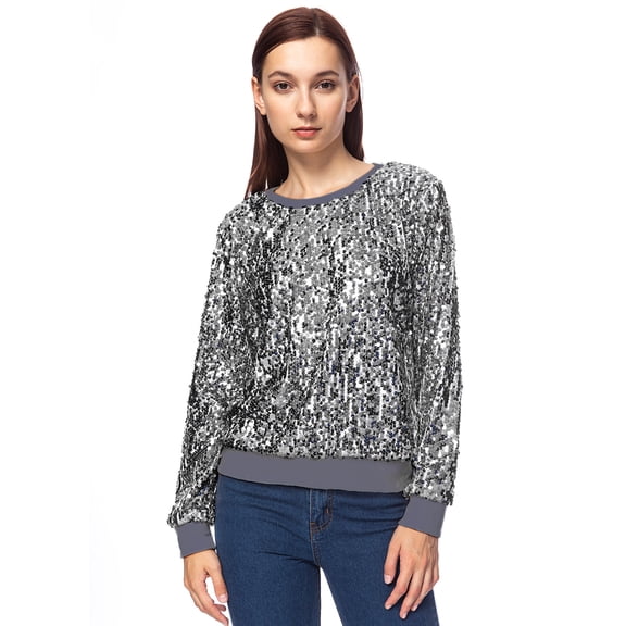 Women's Sparkly Sequin Long Sleeve Glam Disco Bling Holiday Pullover Sweat Shirt Top