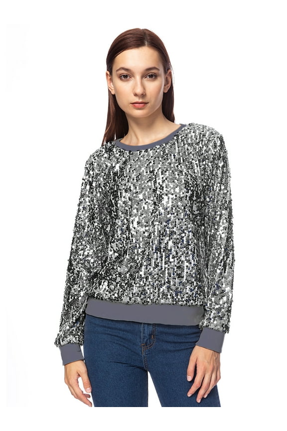 Women's Sparkly Sequin Long Sleeve Glam Disco Bling Holiday Pullover Sweat Shirt Top