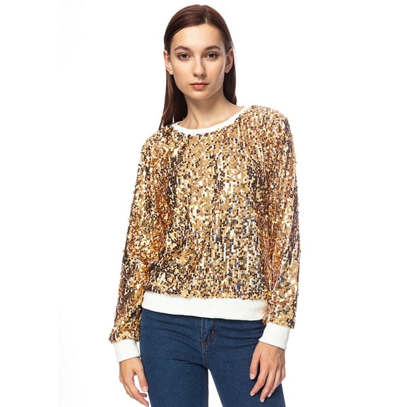 Women's Sparkly Sequin Long Sleeve Glam Disco Bling Holiday Pullover Sweat Shirt Top