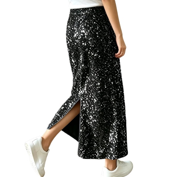 Women's Sparkly Sequin Midi Skirt Elastic High Waist Loose Split Hem Long formal Skirt Glitter Evening Cocktail Party Club Casual Maxi Skirt Black