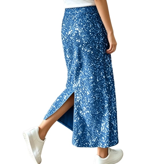 Women's Sparkly Sequin Midi Skirt Elastic High Waist Loose Split Hem Long formal Skirt Glitter Evening Cocktail Party Club Casual Maxi Skirt Blue
