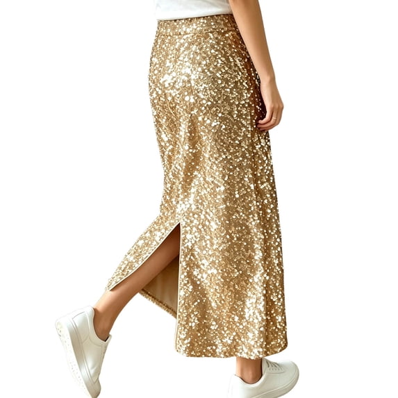Women's Sparkly Sequin Midi Skirt Elastic High Waist Loose Split Hem Long formal Skirt Glitter Evening Cocktail Party Club Casual Maxi Skirt Gold