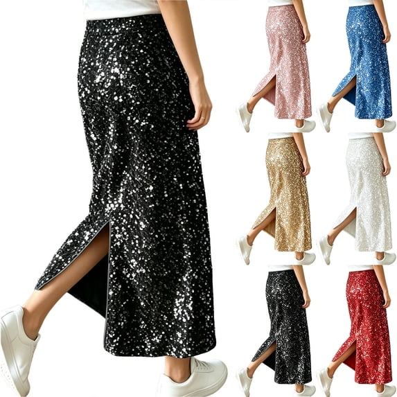 Women's Sparkly Sequin Midi Skirt Elastic High Waist Loose Split Hem Long formal Skirt Glitter Evening Cocktail Party Club Casual Maxi Skirt White