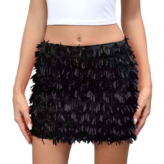 Women's Sparkly Sequin Mini Skirt Y2k Low Rise Glitter Rave Micro Skirt with Shorts Underneath,Color:Black