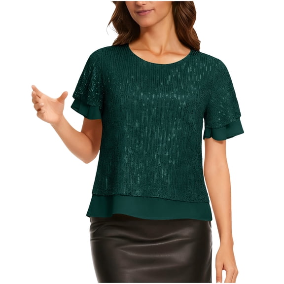 HAiming Women's Sparkly Sequin Top Short Sleeve Glitter Party Shirts Dressy Blouses Trendy Clothes