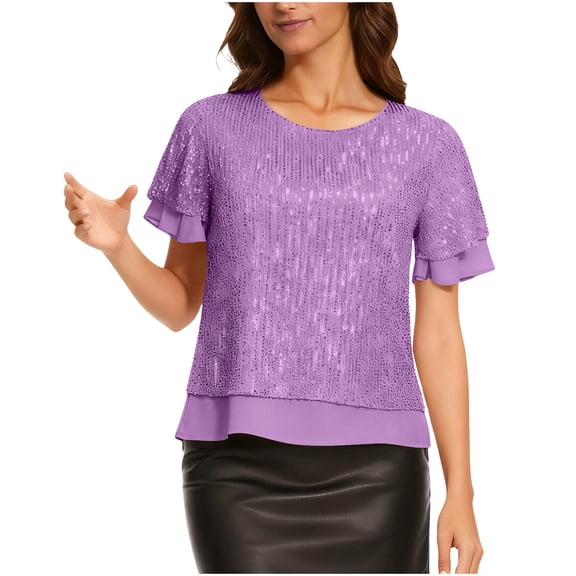 HAiming Women's Sparkly Sequin Top Short Sleeve Glitter Party Shirts Dressy Blouses Trendy Clothes