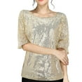 thumbnail image 1 of Women's Sparkly Sequin Tops Short Sleeve Glitter Dressy Blouses Round Neck Party Club Ruffle Sequins Shirts, 1 of 8