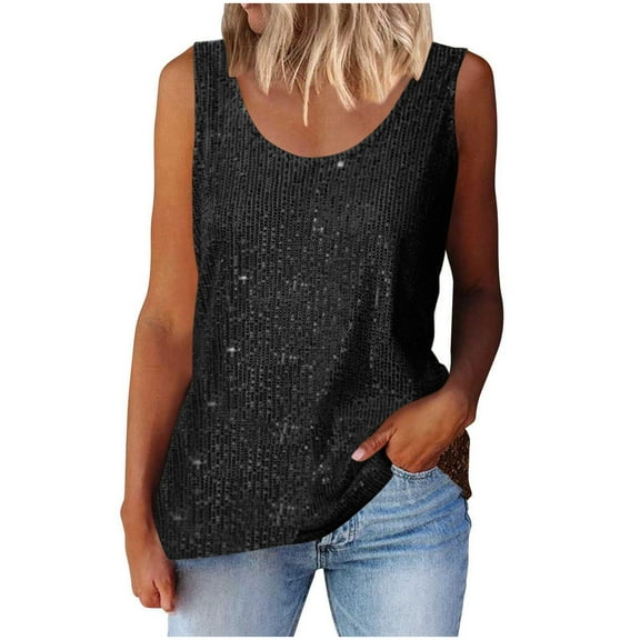 Women's Sparkly Sequin Tops Y2k Sleeveless Plus Size Crop Tank Top Going Out Rave Tops Clubwear(Black 2XL)