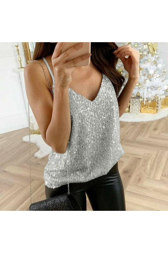 Women's Sparkly Sequin V Neck Strappy Tank Tops Shimmer Glam Loose Casual Sleeveless Shirts Party Glitter Vest Tops