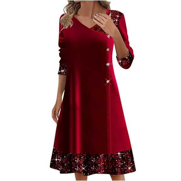 Women's Sparkly Sequin Velvet Dresses Long Sleeve V Neck Midi Dress Prom Party Cocktail Dress