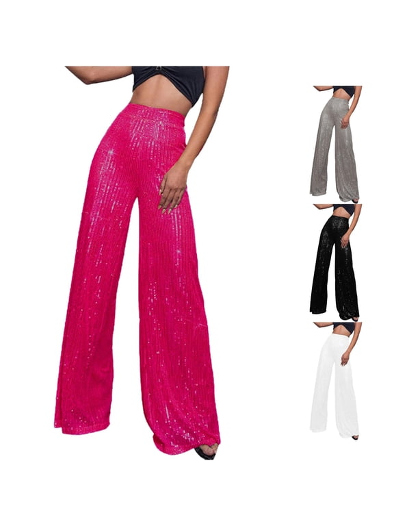 Women's Sparkly Sequin Wide Leg Pants High Waist Party Flare Trousers