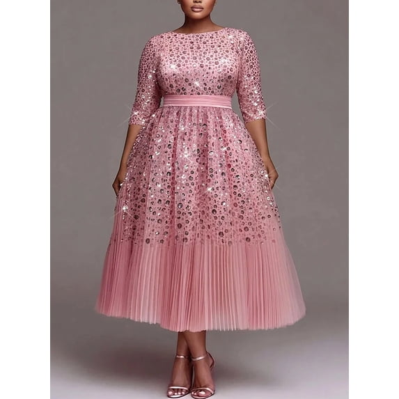 Women's Sparkly Sequined Mesh Midi Dress Crew Neck 3/4 Sleeve Elastic Waist Pleated Tulle Evening Gown