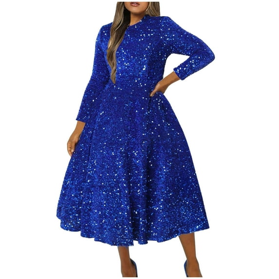Women's Sparkly Sequins Dresses Long Sleeve Crew Neck Tunic High Waist Formal Dress Wedding Guest/ Cocktail Dress Blue,XL