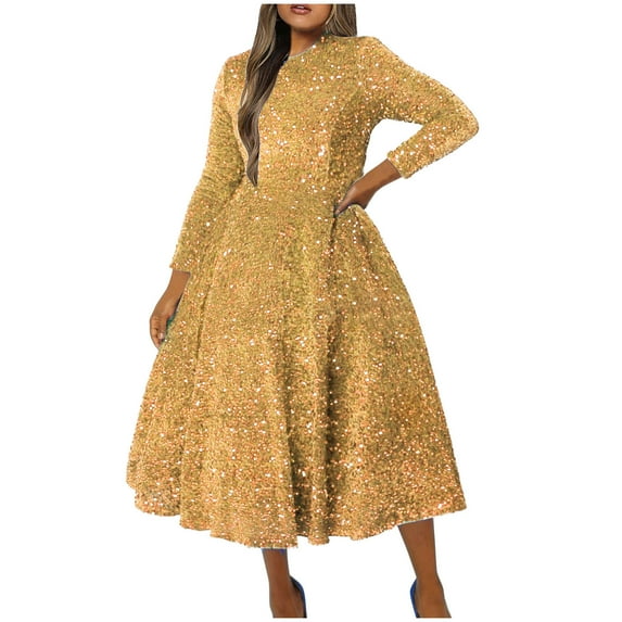 Women's Sparkly Sequins Dresses Long Sleeve Crew Neck Tunic High Waist Formal Dress Wedding Guest/ Cocktail Dress Gold,3XL