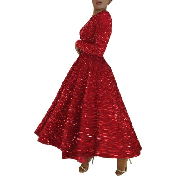 Women's Sparkly Sequins Dresses Long Sleeve Crew Neck Tunic High Waist Formal Dress Wedding Guest/ Cocktail Dress Red,XL