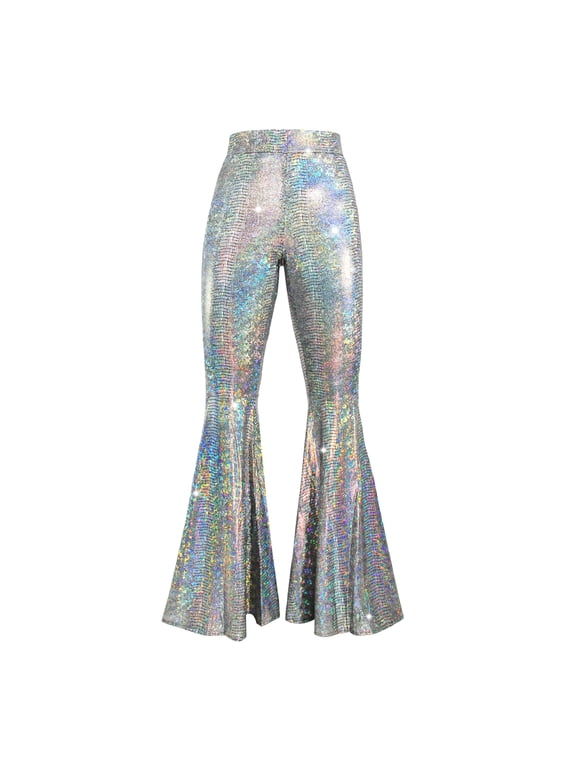 Women's Sparkly Sequins Flared Pants High Waist Bells Bottom Wide Leg Night Club Trousers