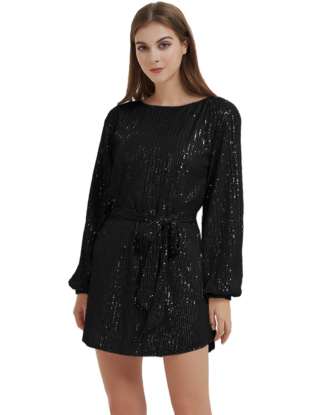 Women's Sparkly Sequins Party Dress Long Sleeve Crew Neck Elegant Loose  Fashion Dresses, Black, X-Large - Walmart.com