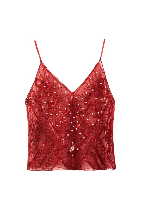 Women's Sparkly Sequins Sheer Mesh Cami Top Sleeveless V Neck Camisole Spaghetti Straps CropsTanks Top Party Clubwear