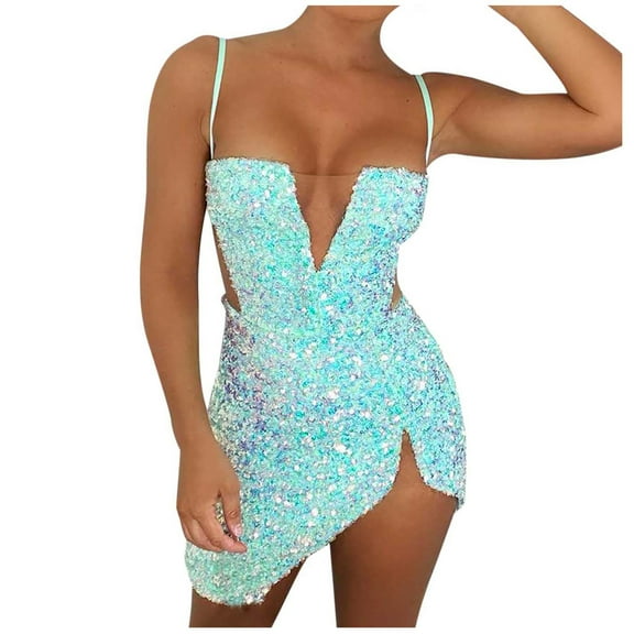 Women's Sparkly Sequins Tight Homecoming Dresses for Teens Spaghetti Strap Irregular Hem Slim Mini Cocktail Dress