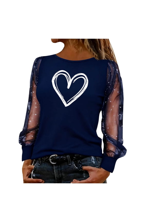 Women's Sparkly Shirts Sheer Mesh Long Sleeve Valentines Day Heart Tops Sequin Glitter Loose Tunic Y2k Blouses, S Navy