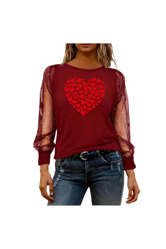 Women's Sparkly Shirts Sheer Mesh Long Sleeve Valentines Day Tops Sequin Glitter Loose Tunic Y2k Blouses, 2XL Red