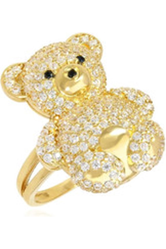 Women's Sparkly Teddy Bear Statement Ring White 0.35 Cts Lab Created Diamond 14K Yellow Gold Finish 925 Silver