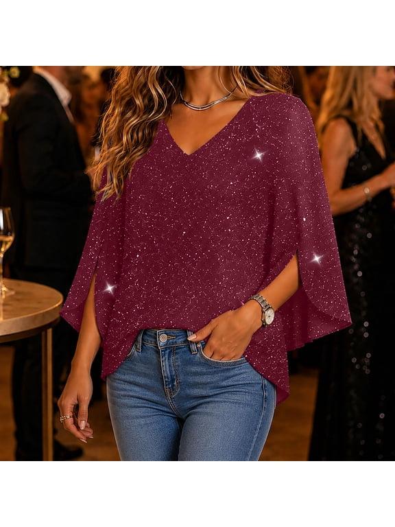 Women's Sparkly V Neck Blouse Flowy Batwing Sleeve Tunic Tops Elegant Glitter Party Shirts Dressy Cape Top for Evening Wedding Guest Casual Summer Wear