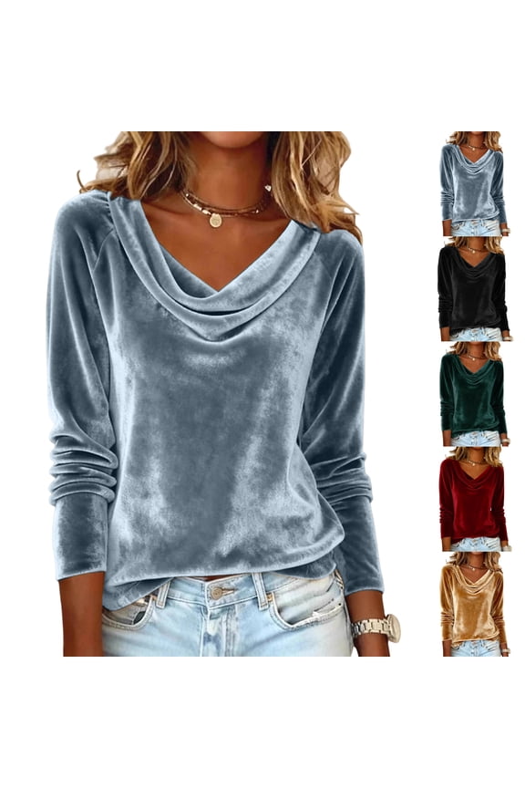 Women's Sparkly Velvet Tops Elegant Cowl Neck Long Sleeve Shirts Fall Winter Dressy Casual Blouses Tshirts 2025 Black XL