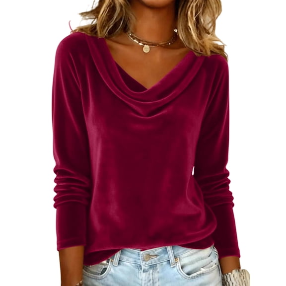 Women's Sparkly Velvet Tops Elegant Cowl Neck Long Sleeve Shirts Fall Winter Dressy Casual Blouses Tshirts 2025 Dark Blue L