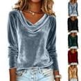 thumbnail image 1 of Women's Sparkly Velvet Tops Elegant Cowl Neck Long Sleeve Shirts Fall Winter Dressy Casual Blouses Tshirts 2025 Red 2XL, 1 of 8
