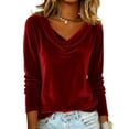 thumbnail image 1 of Women's Sparkly Velvet Tops Elegant Cowl Neck Long Sleeve Shirts Fall Winter Dressy Casual Blouses Tshirts 2025, Red L, 1 of 6