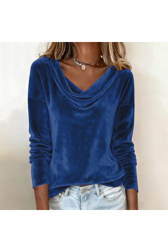 Women's Sparkly Velvet Tops Elegant Cowl Neck Long Sleeve Shirts Fall Winter Dressy Casual Blouses Tshirts 2025 Dark Blue M