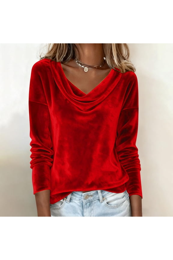 Women's Sparkly Velvet Tops Elegant Cowl Neck Long Sleeve Shirts Fall Winter Dressy Casual Blouses Tshirts 2025 Red XL