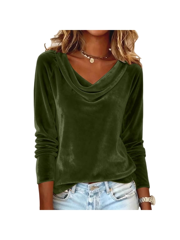 Women's Sparkly Velvet Tops Elegant Cowl Neck Long Sleeve Shirts Spring Fall Winter Dressy Casual Blouses,Army Green M