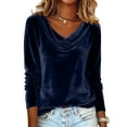 thumbnail image 1 of Women's Sparkly Velvet Tops Elegant Cowl Neck Long Sleeve Shirts Spring Fall Winter Dressy Casual Blouses,Navy XL, 1 of 6