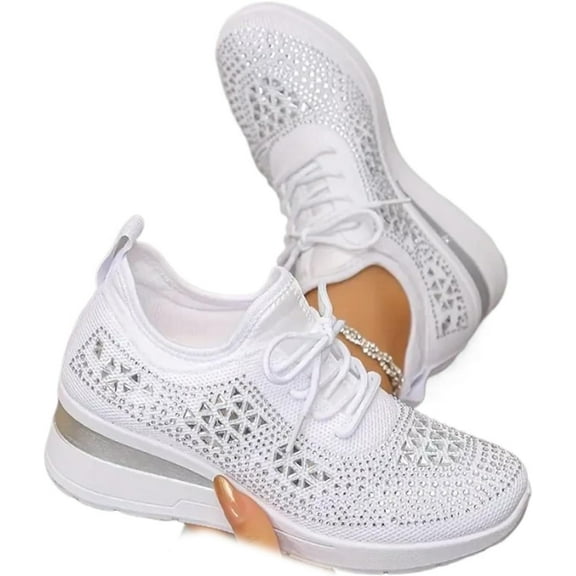 Women's Sparkly Wedding Sneakers - Glittery Bling Dressy Shoes for Bride with Breathable Wedge Heel