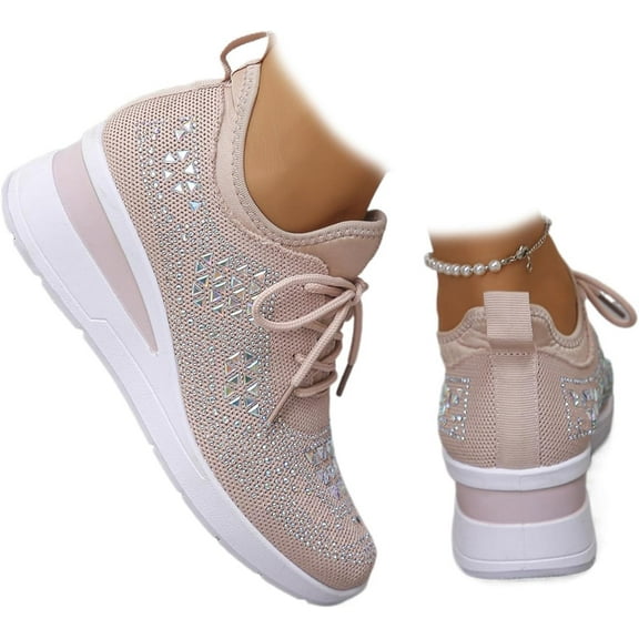 Women's Sparkly Wedding Sneakers - Glittery Bling Dressy Shoes for Bride with Breathable Wedge Heel